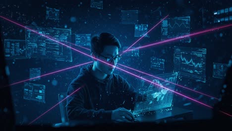 engaging in advanced data analysis and programming in a futuristic workspace with glowing interfaces