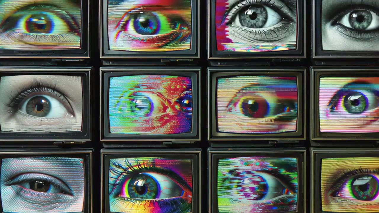 Footage of multiple retro CRT TV screens displaying close-up human eyes with digital glitch distortion, symbolizing surveillance, privacy, data tracking and control