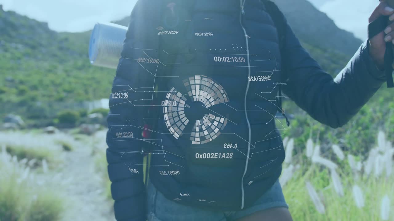 woman using trekking poles stepping onto trail activating tech 3D globe showing navigation codes