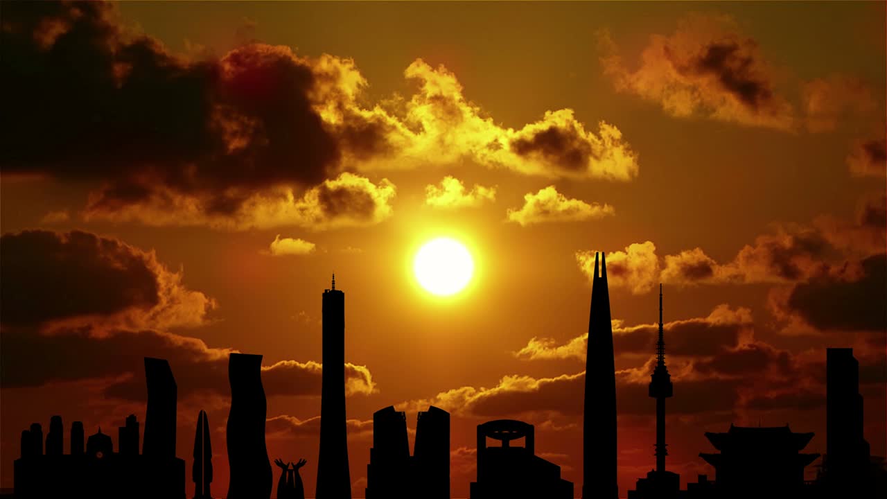 서울의 해가 지는 곳, 4k 루프, 도시의 건물의 윤