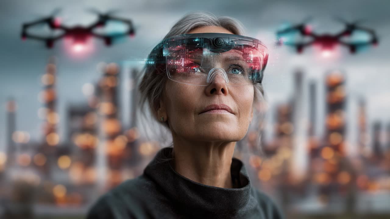 Woman Using Augmented Reality with Drones in Industrial Setting