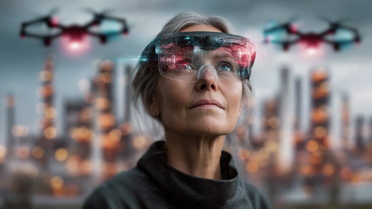 Woman Using Augmented Reality with Drones in Industrial Setting