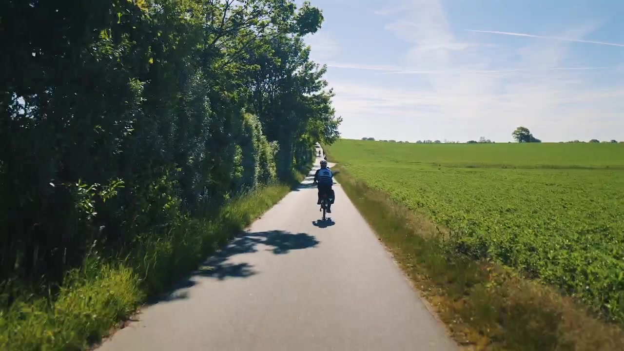 Ripresa in movimento che scende una strada ad alta velocità sulla rotta EuroVelo 10, oltre un campo coltivato nella campagna danese in una soleggiata giornata estiva
