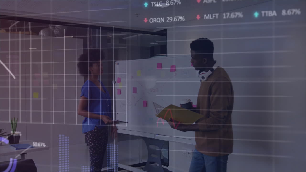 woman pointing at whiteboard and man collaborating in office, with overlay showing finance charts