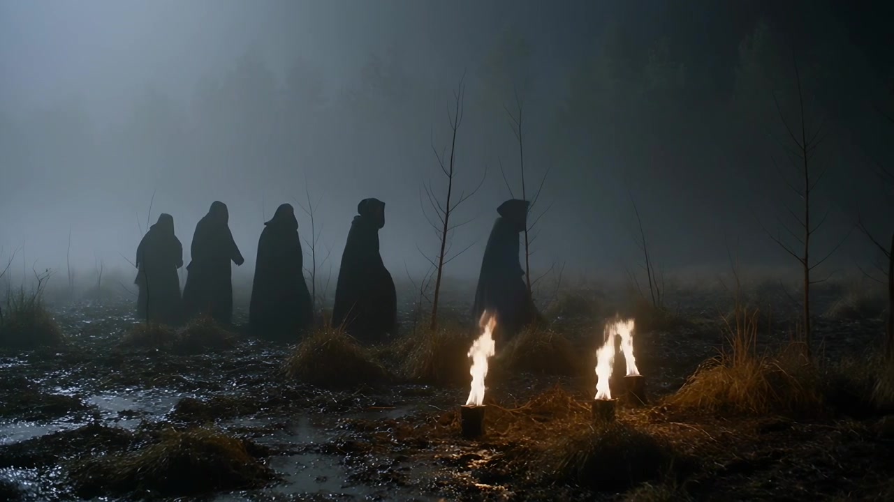 Fremrykkende hætteklædte skikkelser bevæger sig gennem en tågeindhyllet mose om natten, med to brændende bålfade i nærheden.