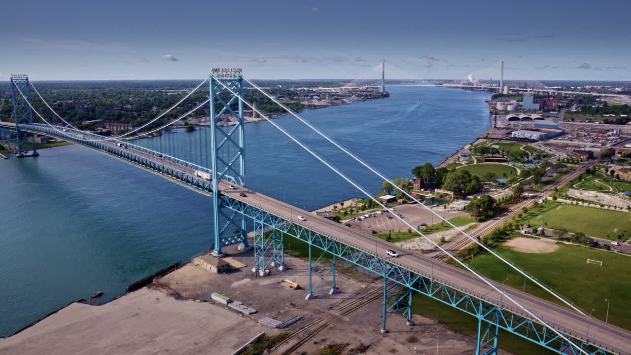 Sweeping cinematic drone shot around the bridge connecting the U.S. and Canadian sides
