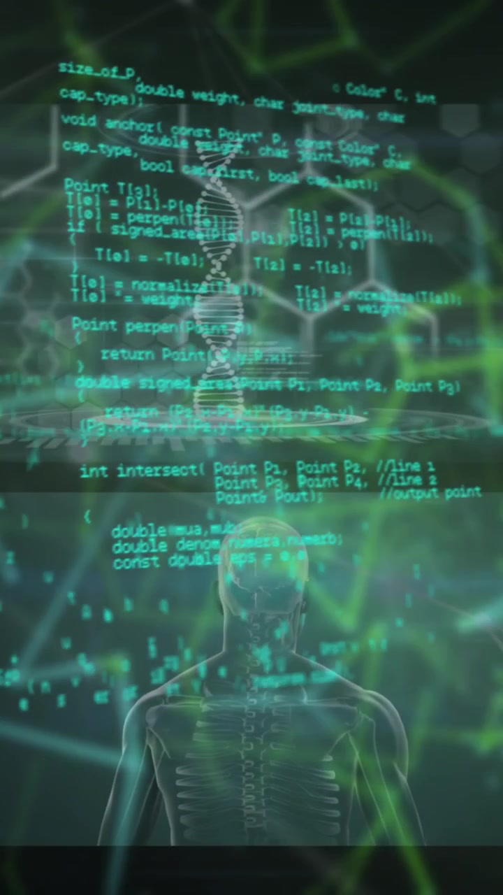 Animazione di un sistema di sicurezza bionico manuale su elaborazione dati in uno spazio blu e nero.