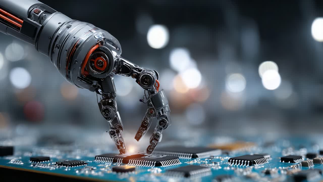 A Robotic Hand Interacting with a Circuit Board, Showcasing Advanced Technology and Precision in Electronics Engineering