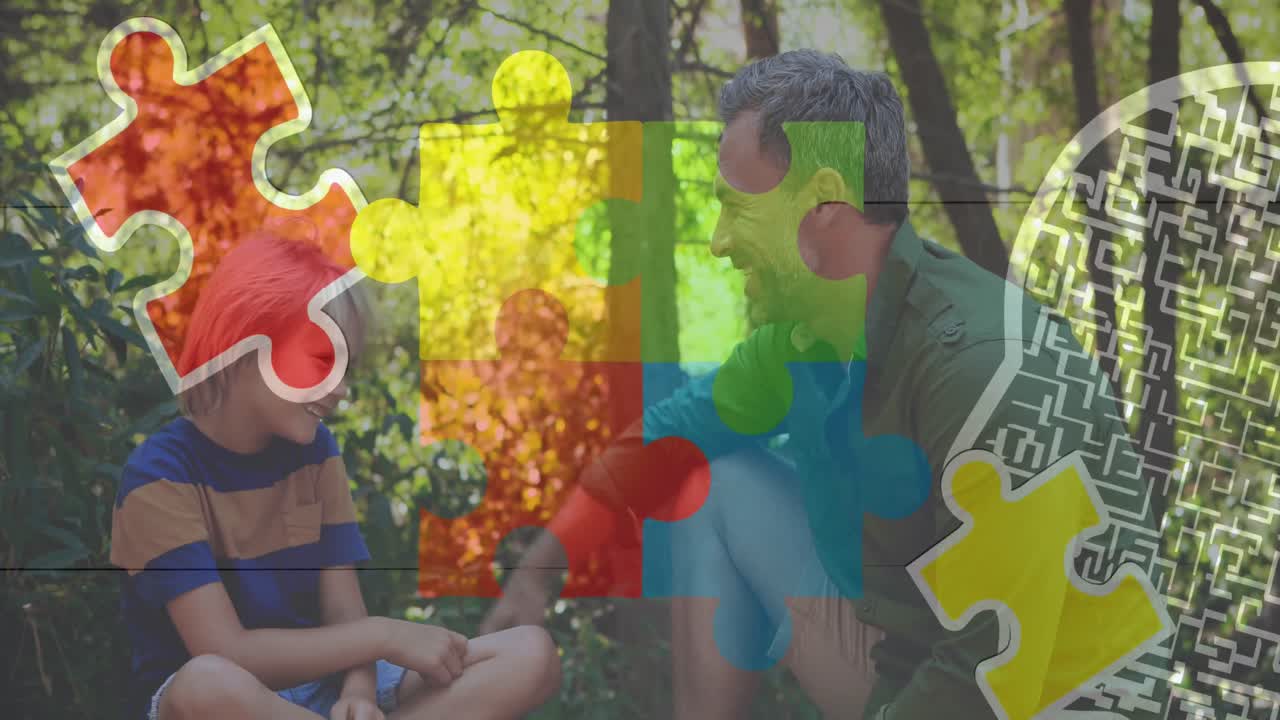 animación de rompecabezas sobre un niño caucásico con el maestro hablando.