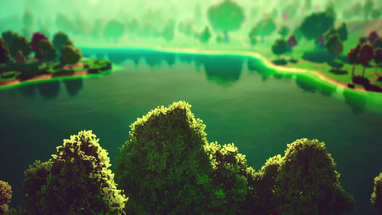 paisaje de bosque verde de dibujos animados con árboles y lago