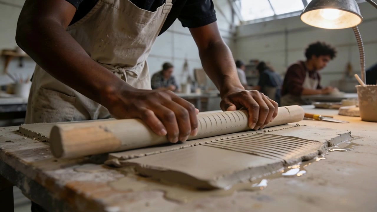 Placing rolling pin student wearing apron rolling clay slab at ceramics workshop, texturing surface