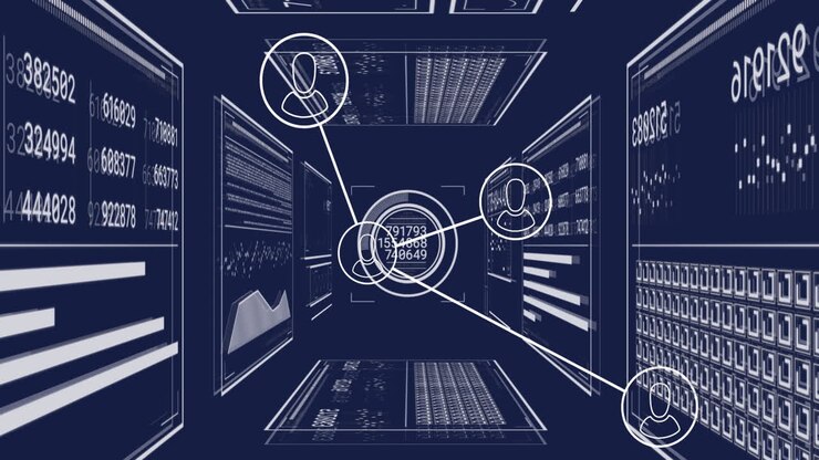 Animation of network of connections and data processing over dark background