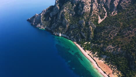 Aerial-view-of-scenic-seascape-with-garrigue-vegetation-area-at-Datça-peninsula,-Emecik-mountain,-Turkey