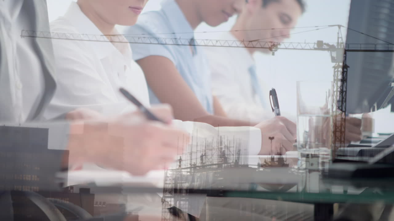 백인 엔지니어 그룹에 대한 건설 현장의 애니메이션