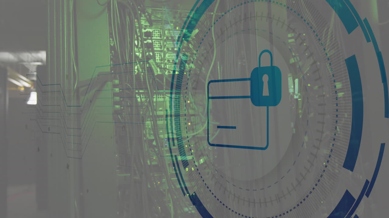 animación del bloqueo y el icono de la tarjeta en círculo a través de sistemas de servidor de red