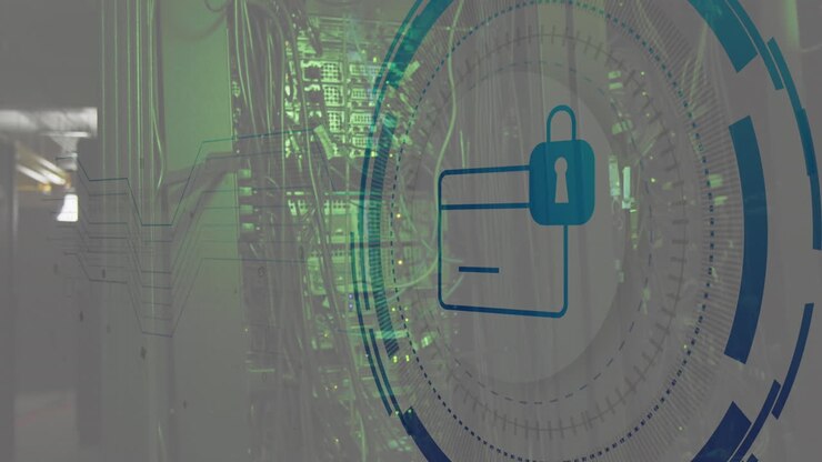 Animation of padlock and card icon in circle over network server systems