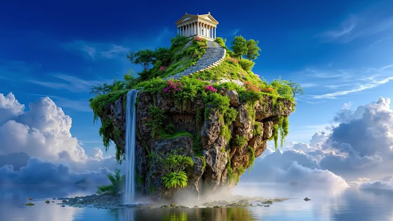 A small island in the middle of a body of water with a waterfall