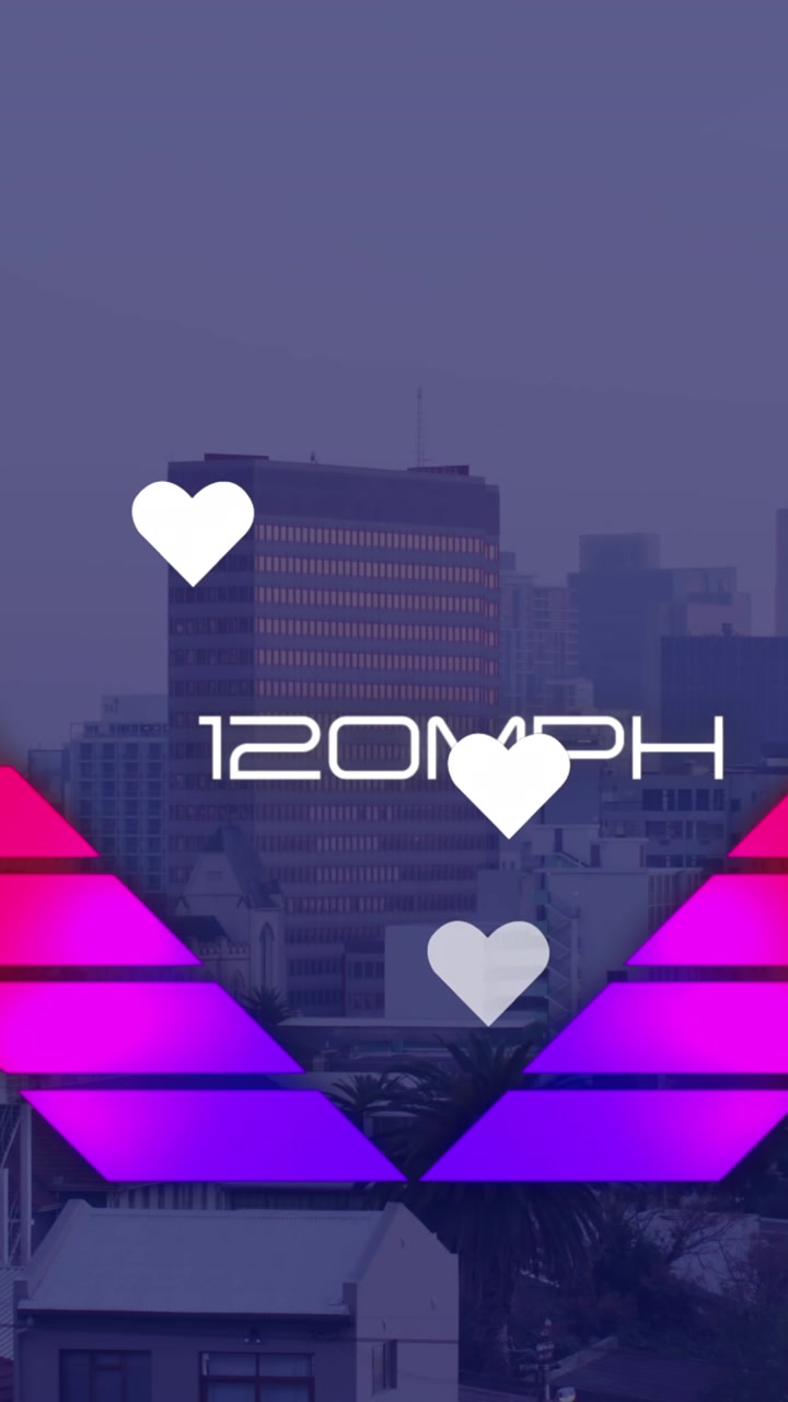 Animation of speedometer and hearts over cityscape