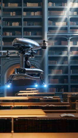 futuristic drone librarian in a grand old library