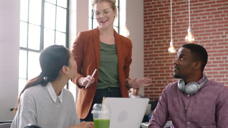 teamwork, brainstorm and laptop with high five