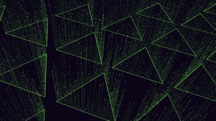 Big neon triangles pattern with small motion dots and lines