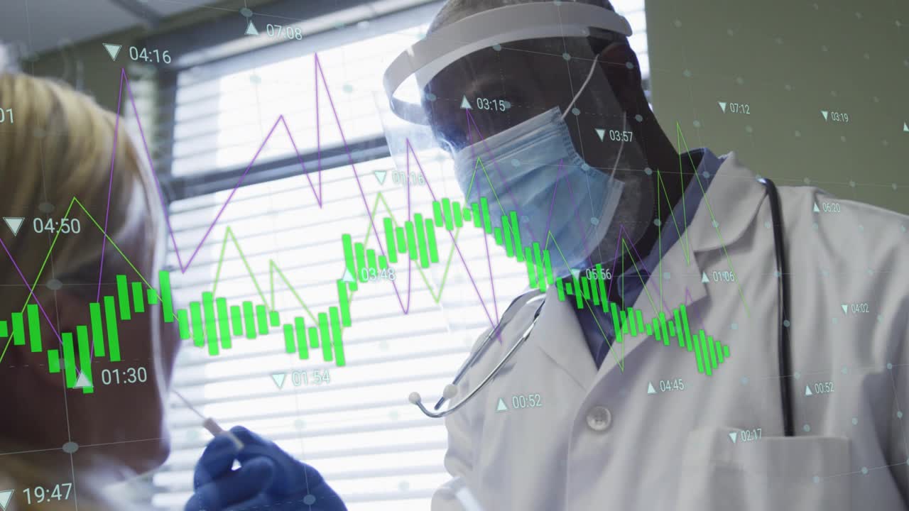 Patient tilting head back opening mouth, doctor inserting swab health charts moving onscreen