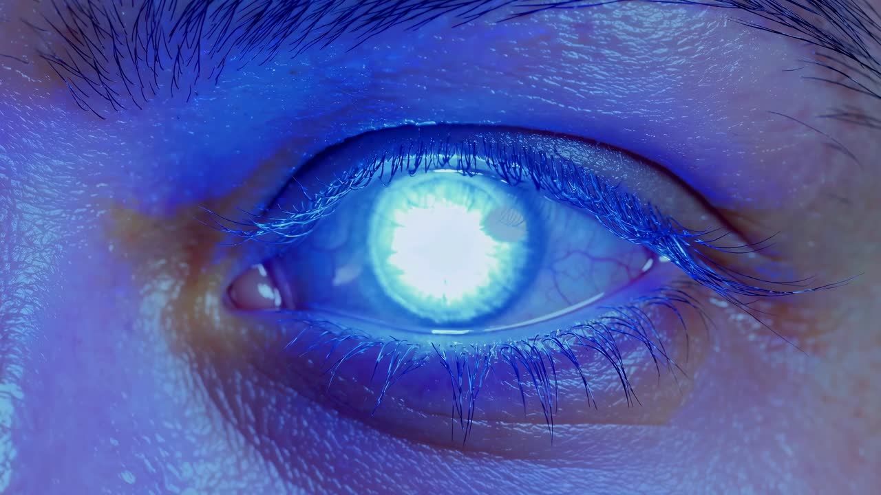Close-up of a human eye glowing with blue light, suggesting a futuristic or sci-fi theme