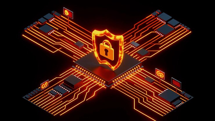 Cybersecurity Concept with Glowing Shield and Data Flow on Circuit Board