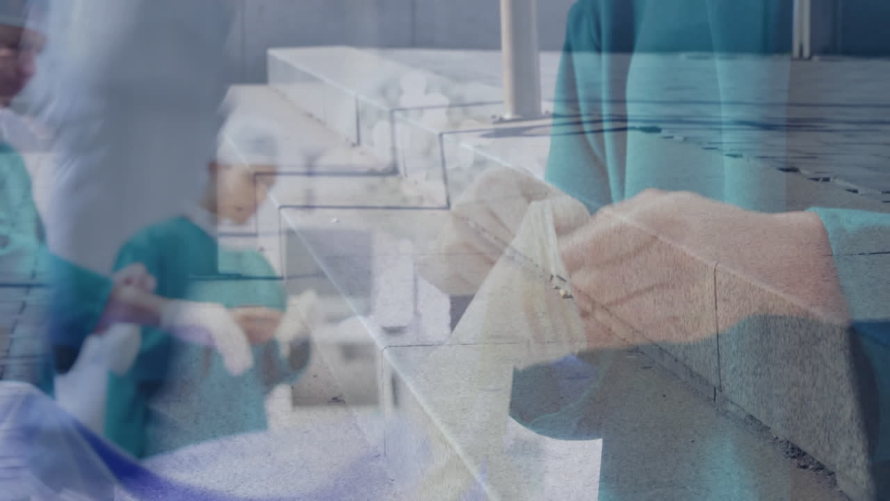 sección media del cirujano que usa una máscara quirúrgica contra el lapso de tiempo de las personas que caminan