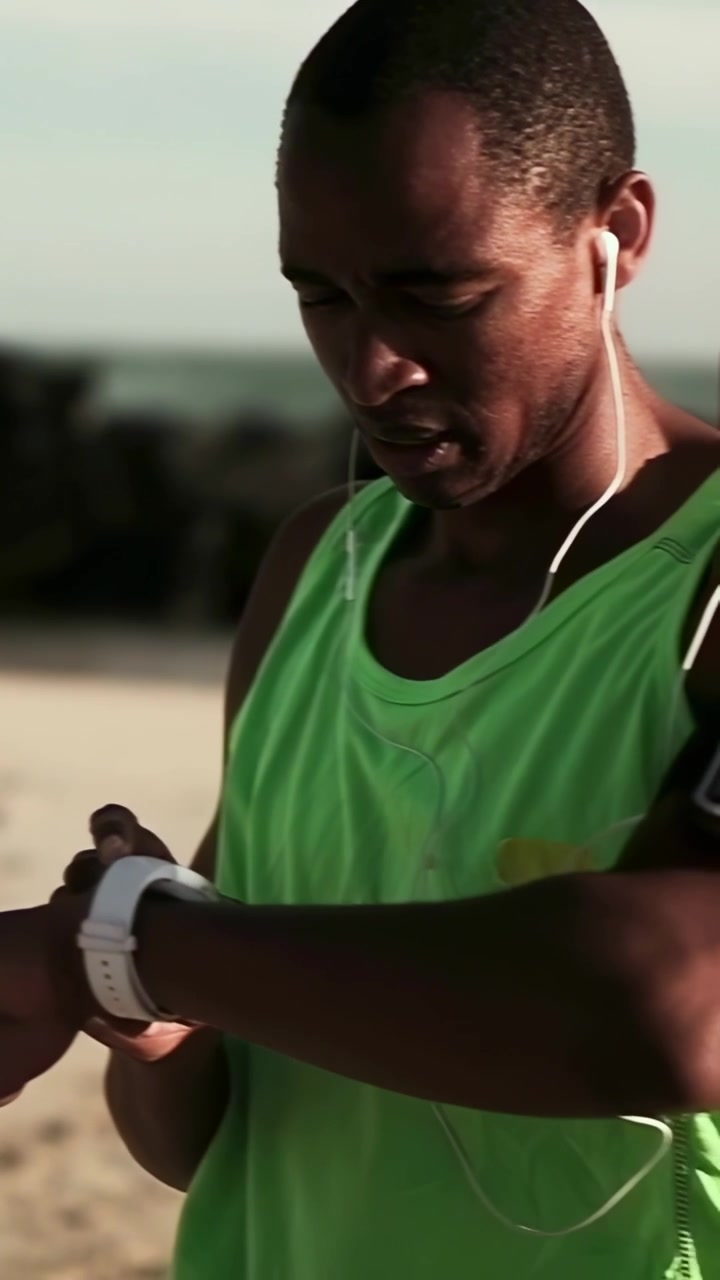 Vertical video: Checking white tracker, man in green tank inserting earbud on beach preparing run