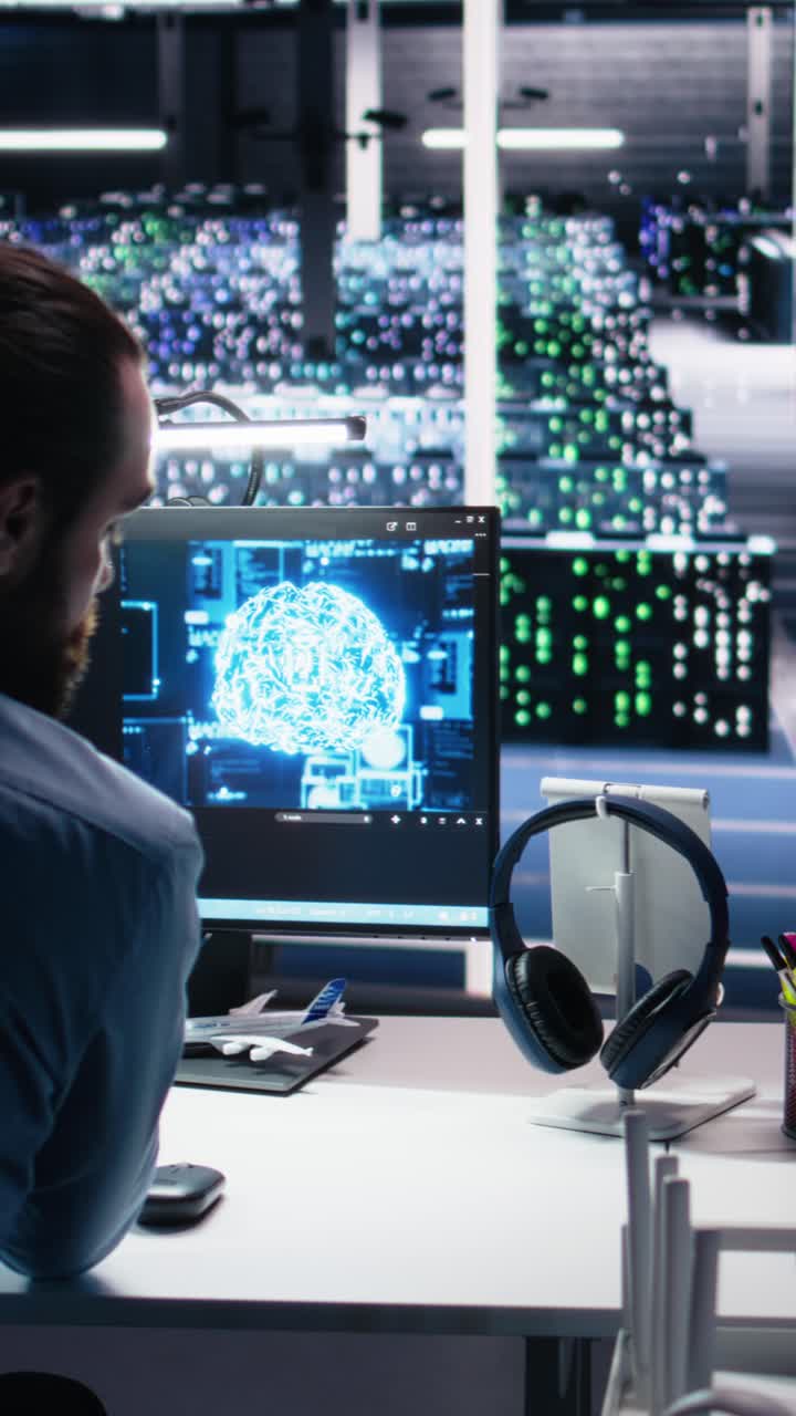 Vertical video Teamworking engineers brainstorming in data center, reviewing AI diagnostics