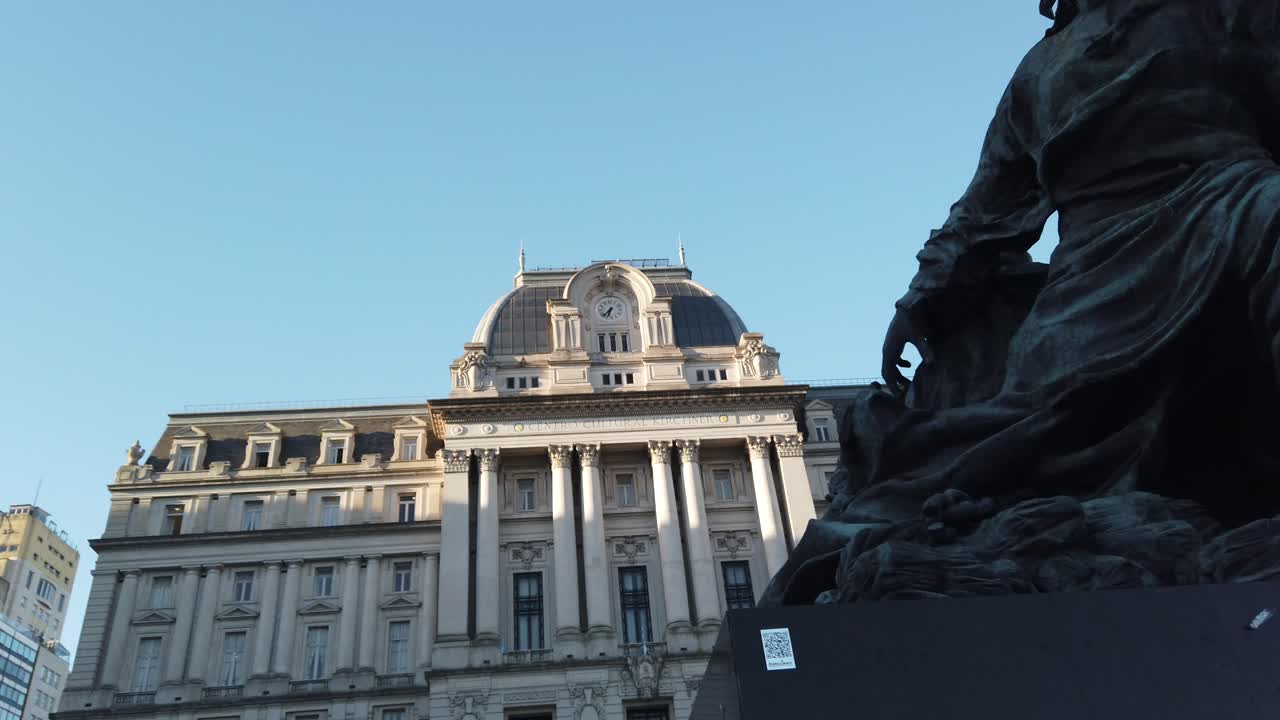 Juana Azurduy statue closeup, feminist icon of South America over Buenos Aires City Cultural Center Landmark