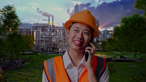 close up of asian female engineer with safety helmet talking on smartphone while standing in front of oil refinery