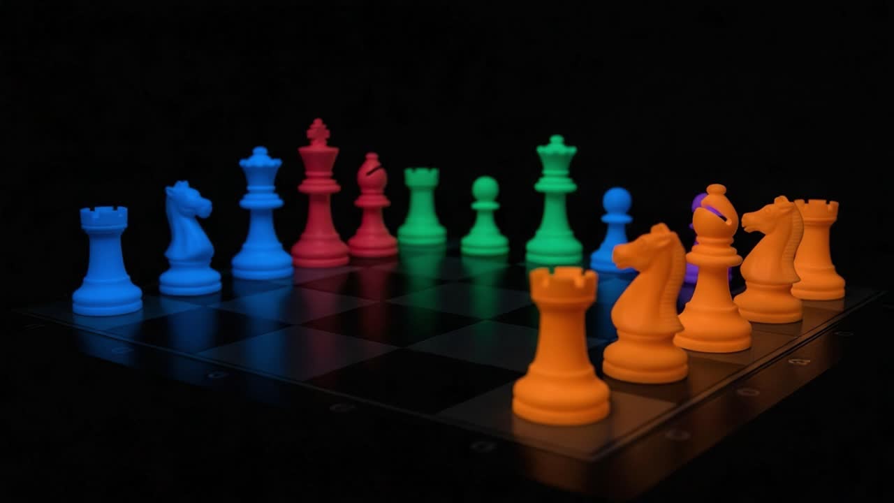 Colorful Chess Set on a Black Background: A Vibrant Display of Strategy and Tactics in a Neon-Inspired Game Environment