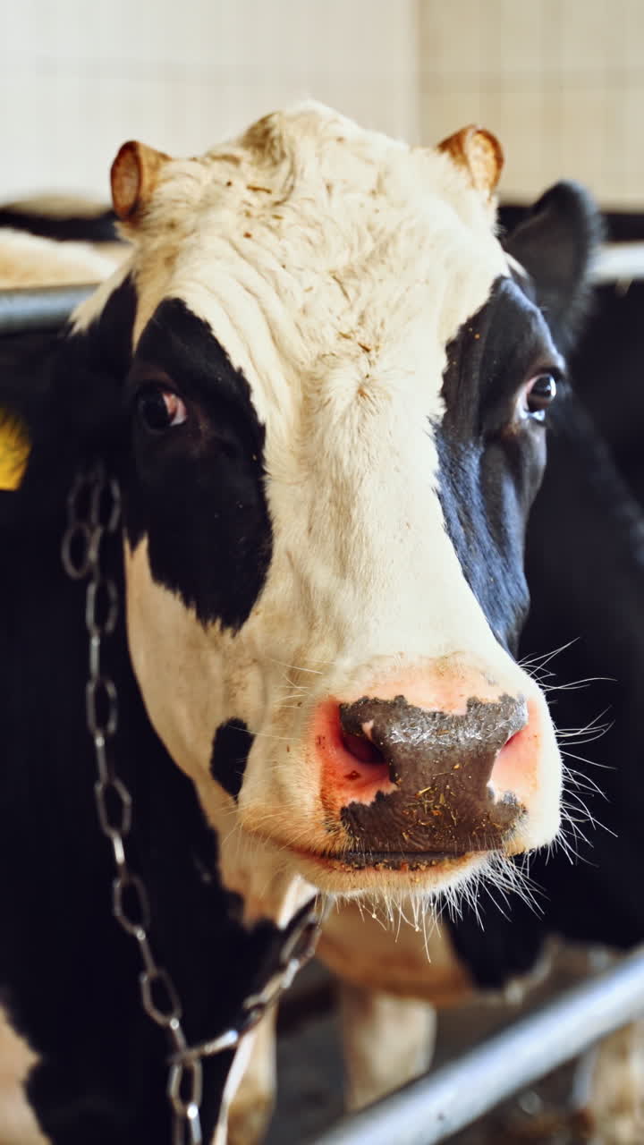 Close-up view on black and white cow in the cowshed. Dairy cow with cutted horns looking at camera on the farm. Vertical video