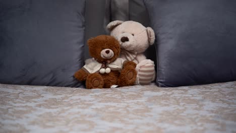 Teddybären-Auf-Dem-Großen,-Grauen-Bett