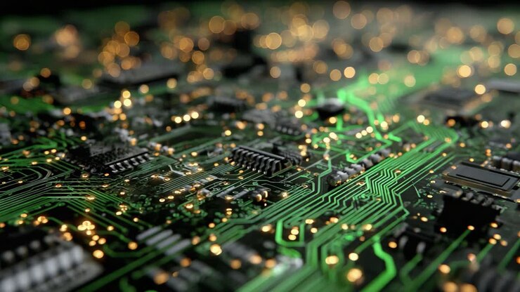 Close-Up of a Complex Circuit Board with Illuminated Components, Showcasing Intricate Details of Modern Electronic Technology