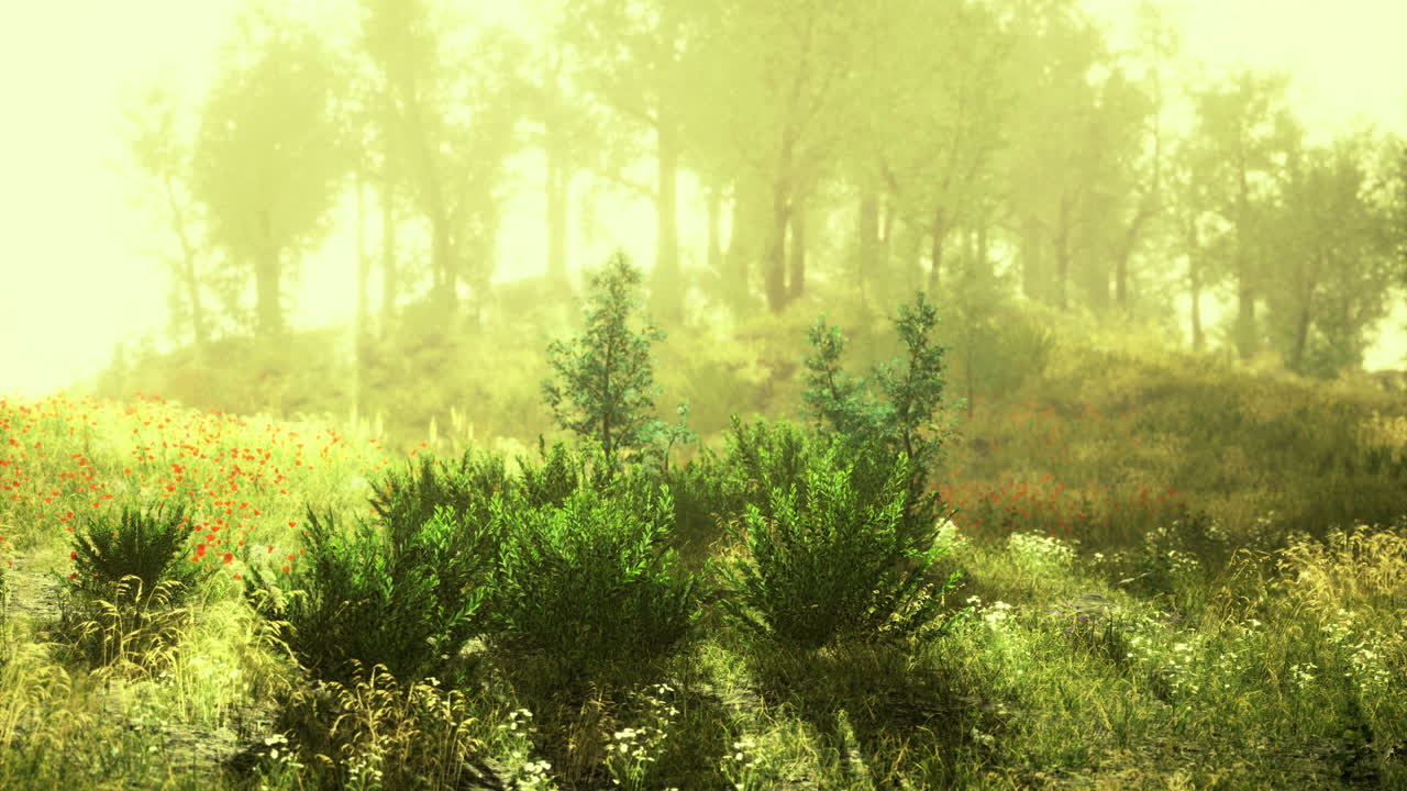 Green shrubs and vibrant wildflowers flourish in a misty forest