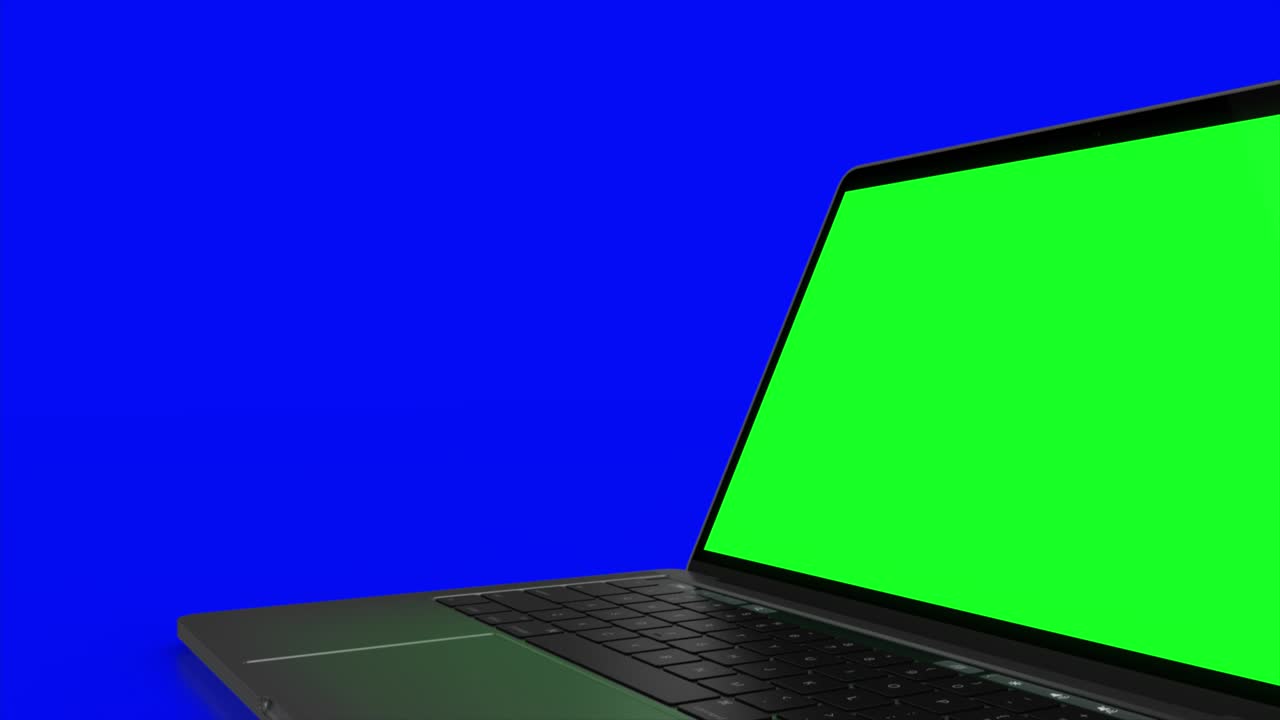 4K Video. Laptop (Notebook) Turning On With green Screen On A blue Background.