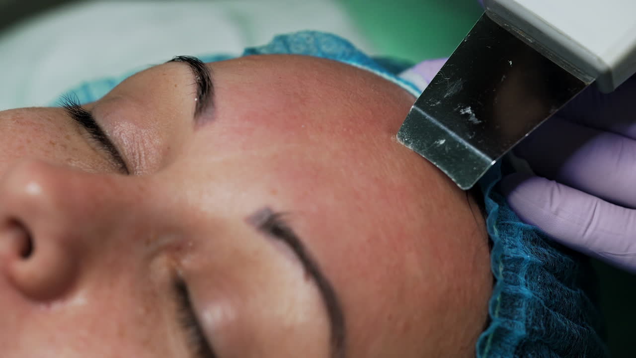 Beautician performs ultrasonic face skin cleansing using special device. Skincare concept. Extreme close up.