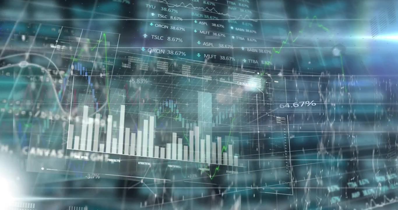 Animazione di punti collegati con diversi grafici su un pannello di trading con un motivo a griglia.