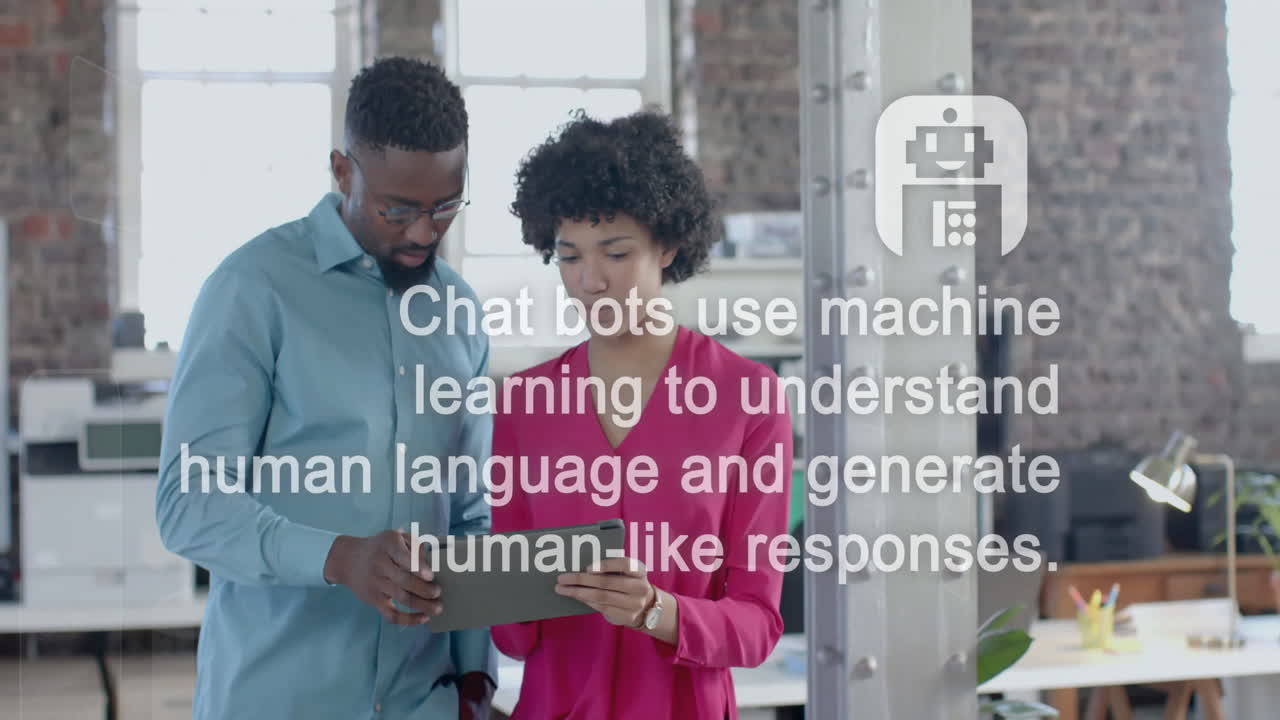 animación de chat y iconos sobre diversos colegas discutiendo el trabajo en la oficina