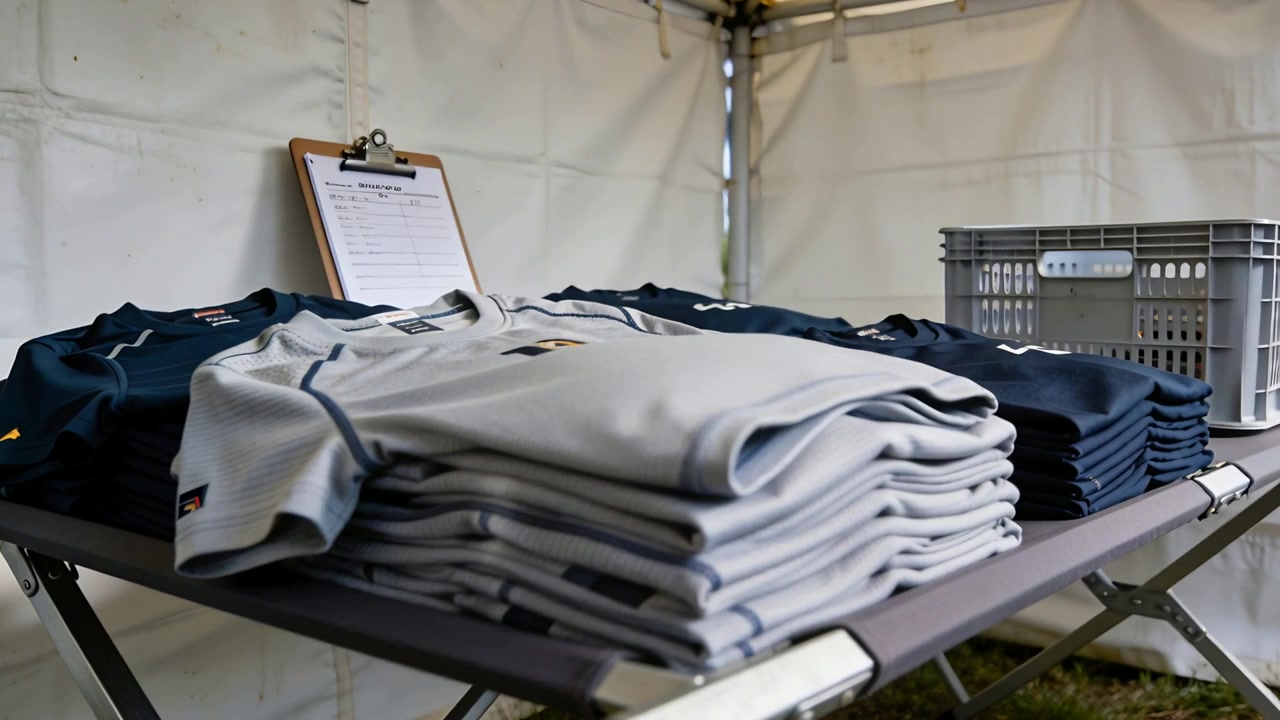 Camicia grigio chiaro piegata che sventola sollevata da una folata su un tavolo all'interno di un gazebo, appunti, cassa