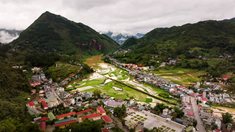 dong van french fortress overlooking cityscape in ha giang province, vietnam. aerial drone shot