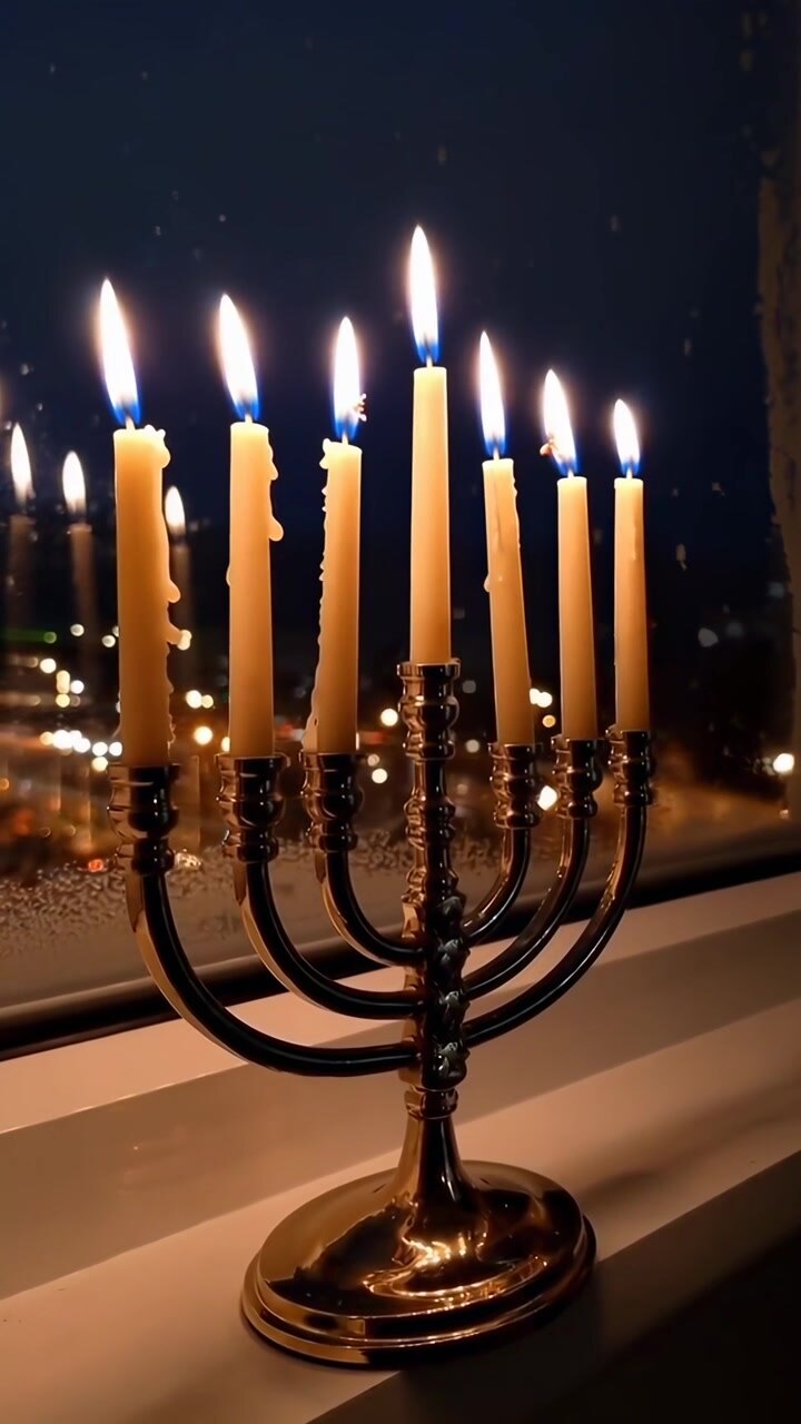 Lit Menorah on a Window Sill at Night