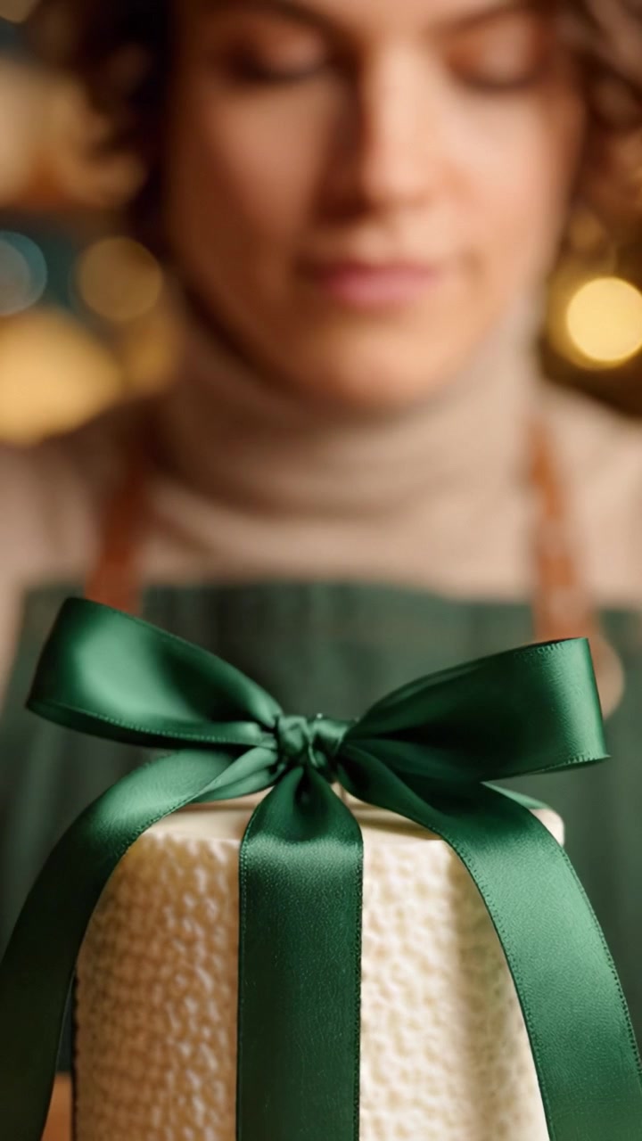 Un abile pasticcere che rifinisce una torta delicata con un nastro di raso verde per decorazione, catturando la gioia della pasticceria e della presentazione artistica