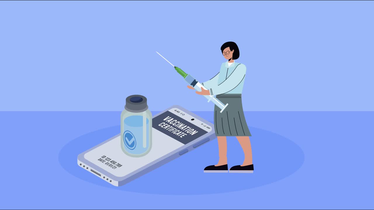 covid19 disease animation with woman lifting vaccine and smartphone