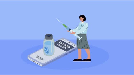 animación de la enfermedad covid-19 con una mujer levantando vacuna y teléfono inteligente