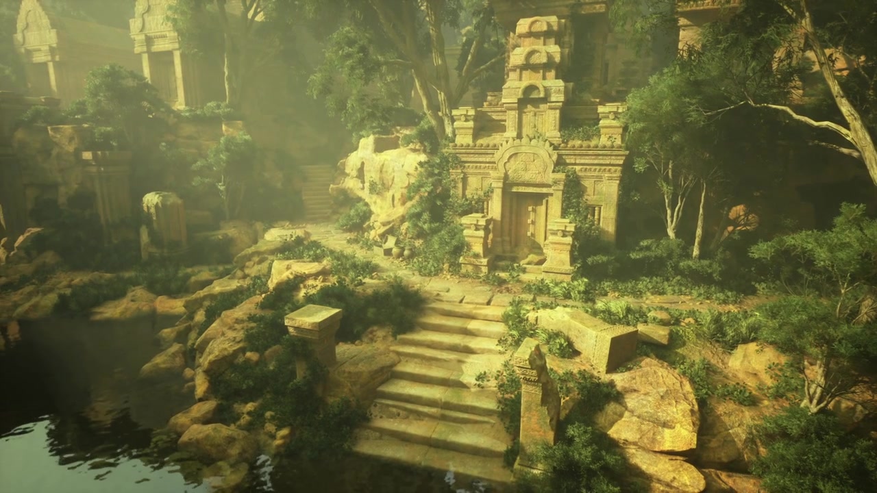 Eroded stone archway with detailed carvings amid jungle foliage