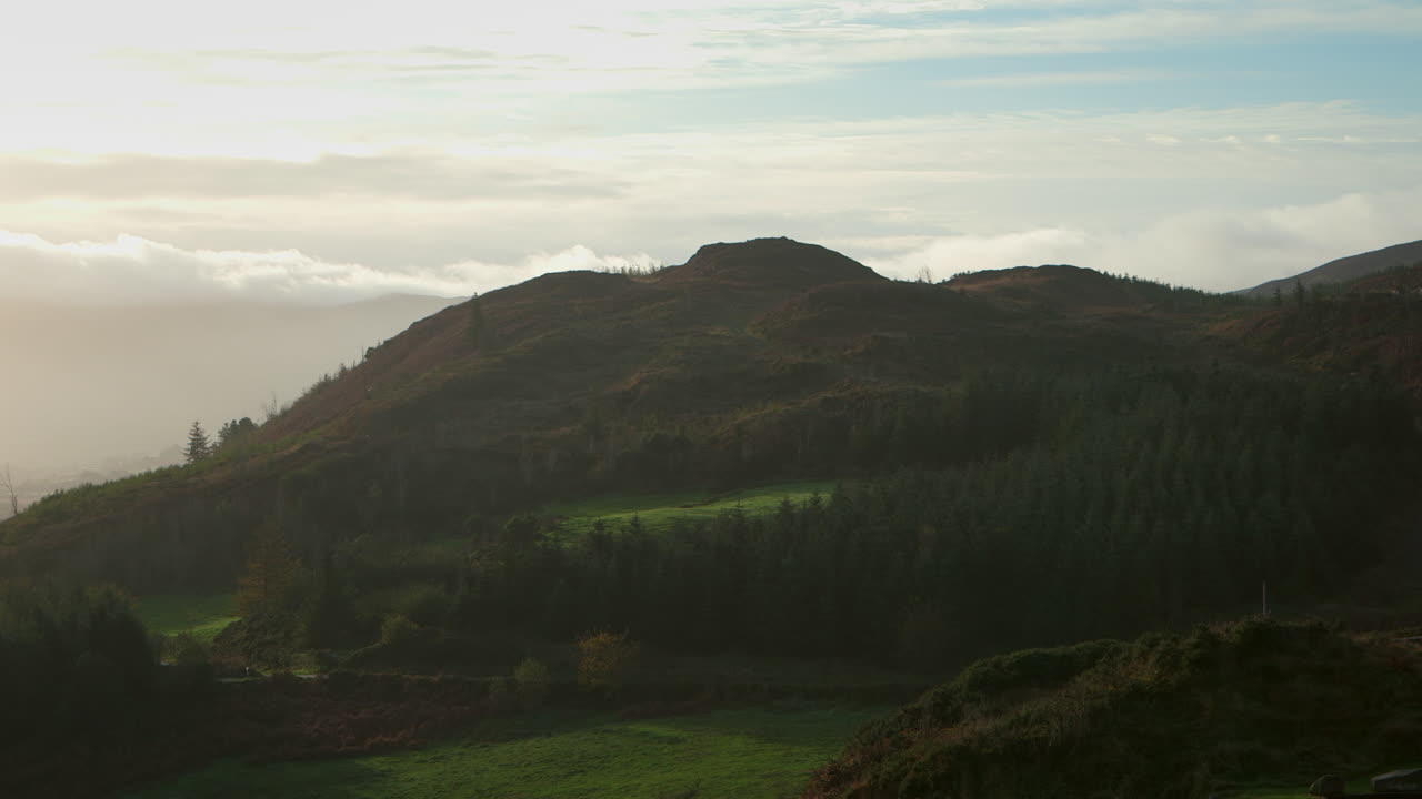 나무 가 있는 초록색 언덕, 파란 하늘, 구름